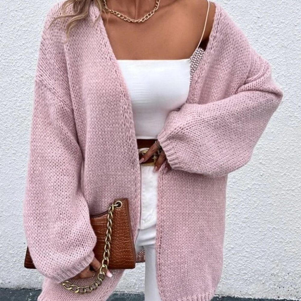 Contemporary Open Front Sweater knit Cardigan  Pink - Picture 3 of 6